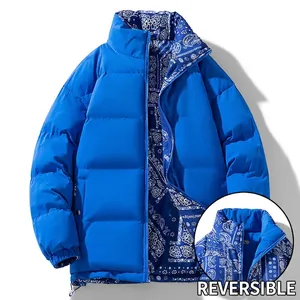 Men's reversible royal blue puffer jacket with stand collar and bandana pattern