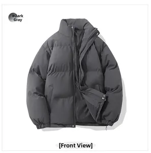 Front view of dark grey winter puffer jacket with horizontal quilting and elastic cuffs