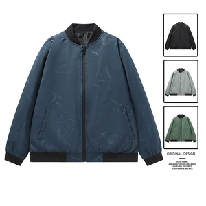 Men's baseball collar casual jacket in navy blue with geometric texture and ribbed trim