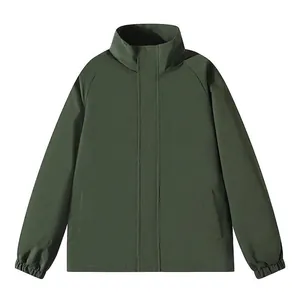 Dunkelgrüne minimalistische Windjacke für Herren mit Stehkragen und verdecktem Reißverschluss