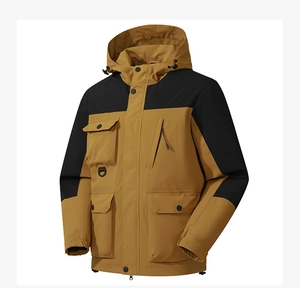 Detail of waterproof outdoor hooded jacket with ginger yellow and black color-blocking design