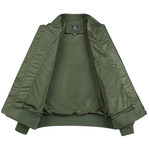 Army green MA1 flight jacket for men featuring ribbed knit collar and full metal zipper
