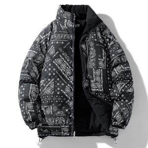 Men's oversized black and white paisley print puffer jacket with a windproof stand collar