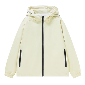 Men's oversized windbreaker jacket in beige with black contrast zippers and hooded design