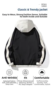 Detail view of wrinkle-resistant black and white contrast hooded jacket with crisp tailoring