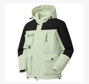 Detail of waterproof outdoor jacket featuring functional pockets and contrast hood design