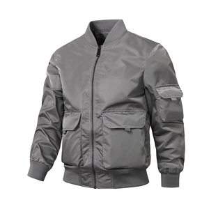 Men's dark gray flight jacket with utility pockets and a ribbed collar on white background