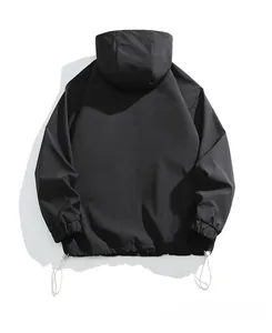 Back view of black hooded jacket with adjustable drawstring hem and elastic cuffs