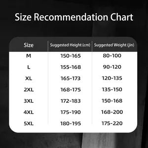 Men's casual baseball collar jacket size chart from M to 5XL for height 150 to 195 cm