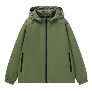 Olive green waterproof windbreaker jacket for men and women with adjustable hood and zip pockets