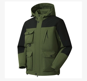 Detail of army green waterproof outdoor jacket with hood and functional utility pockets