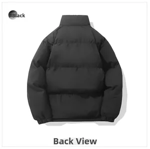 Back view of a black padded jacket with horizontal quilting and elastic hem and cuffs