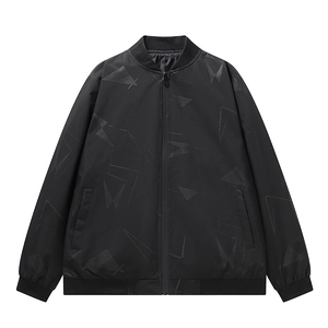 Men's black bomber jacket with geometric patterns and ribbed trim on white background