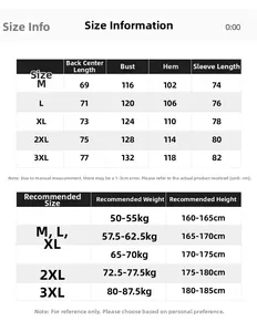 Detailed size chart for men's casual jacket including chest, length and weight guide
