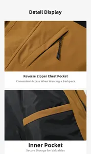 Detail of khaki and black waterproof outdoor jacket showing chest zip and inner pocket