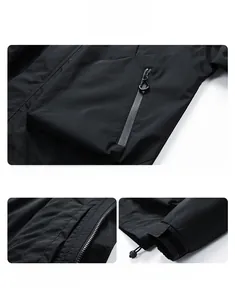 Détails de la veste d'extérieur montrant la poche zippée étanche et les poignets réglables
