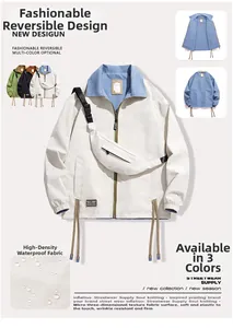 Close-up of high-density waterproof fabric and collar details on reversible jacket