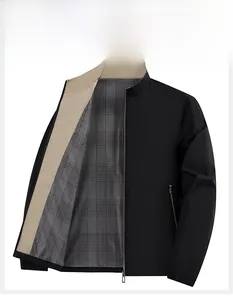 Detail of men's casual jacket with plaid lining, stand collar and zipper pocket