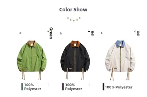Three-color reversible polyester jackets in green, black, and beige for casual outdoor wear