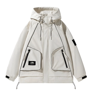 Giacca outdoor da uomo con cappuccio impermeabile bianco crema e polsini regolabili