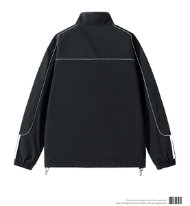 Back view of black stand-collar jacket with white contrast stripes and adjustable hem