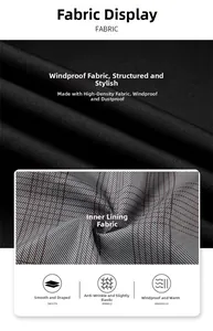 Detail of windproof black jacket fabric with premium plaid lining and wrinkle-free texture