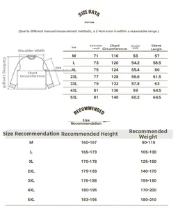Detailed size chart for men outdoor jacket with measurements from M to 5XL
