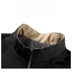 Detail of classic stand collar and plaid lining on men business casual jacket