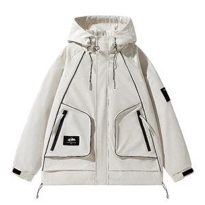 Giacca da uomo off-white con cappuccio, design antivento e ampie tasche laterali