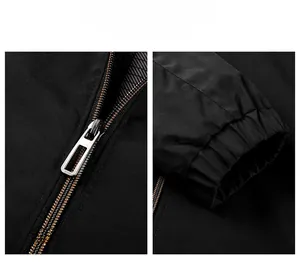 Detail view of premium metal zipper and elastic ribbed cuffs on a black men jacket