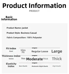 Detail specifications for business casual jacket featuring 100% polyester fabric details