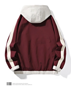 Back view of burgundy hooded jacket with white stripes and elastic hem detailing