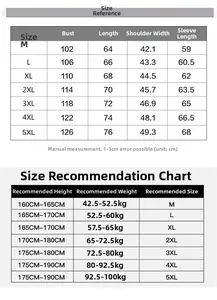 Detailed men's business jacket size chart with measurements from M to 5XL for perfect fit