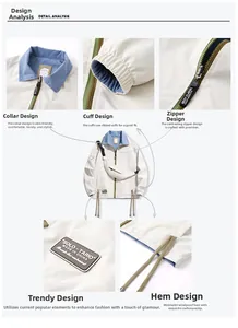 Detail view of cream casual jacket featuring contrast collar and ribbed cuffs design