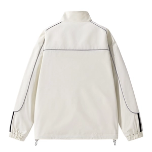 Men's casual cream-white stand collar jacket with black back piping and adjustable drawstring