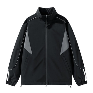 Men's casual stand collar jacket in black and grey waterproof T400 Oxford fabric