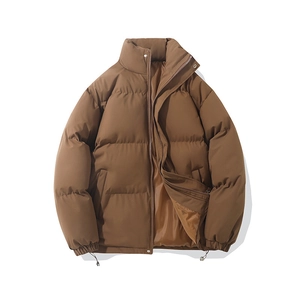 Men's loose warm puffer jacket in caramel brown featuring high collar and matte finish