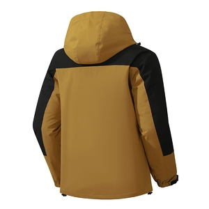Waterproof khaki and black hooded windbreaker jacket with adjustable drawstring hem