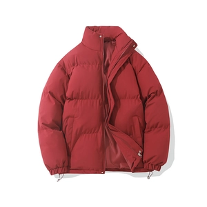 Unisex red padded winter jacket with standing collar and quilted insulation design