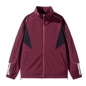 Waterproof burgundy standing collar jacket with black panels and white stripes