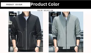 Detail view of men's slim fit stand collar jacket in black and army green color options
