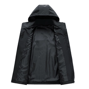 Men's black waterproof hooded jacket with full zipper and inner pocket for outdoor sports