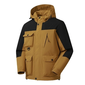 Waterproof outdoor hooded jacket for men and women featuring color-block hiking windbreaker design
