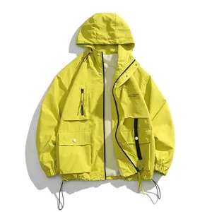 Fluorescent yellow-green men's hooded outdoor jacket with large utility pockets