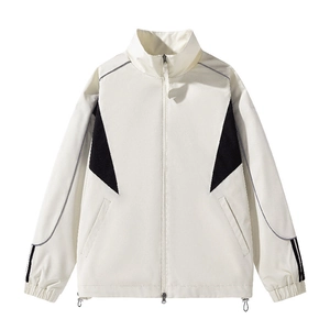 Waterproof off-white stand collar jacket with black panels and reflective details