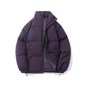 Men's purple puffer jacket featuring stand collar and padded horizontal quilting for warmth