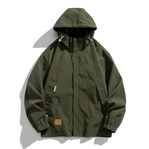 Men's dark green windproof hooded jacket with fleece lining and vintage leather patch