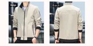 Front and back view of a slim fit beige men's jacket with black ribbed collar and cuffs
