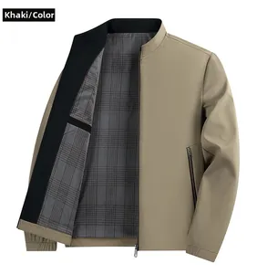 Detail view of khaki business casual jacket with grey plaid lining and stand collar