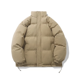 Men's loose khaki puffer jacket with stand collar and adjustable drawstring hem